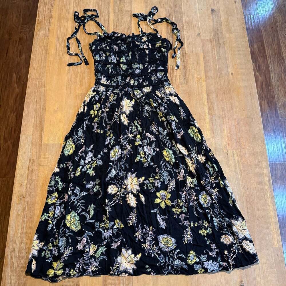Free People Isla Black Floral Midi Smocked Tie Shoulder Dress XS